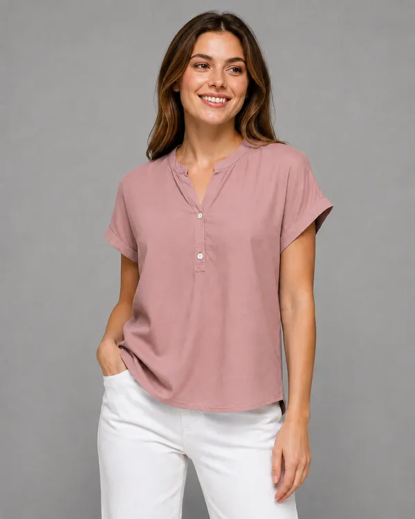 Women's_Dusty_Pink_Cotton_Notch_Neck_Short_Sleeve_Casual_Top_|_Relaxed_Fit_Pullover_Blouse