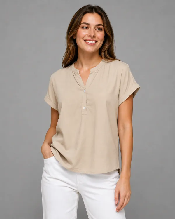 Women's_Sand_Beige_Cotton_Notch_Neck_Short_Sleeve_Casual_Top_|_Relaxed_Fit_Pullover_Blouse