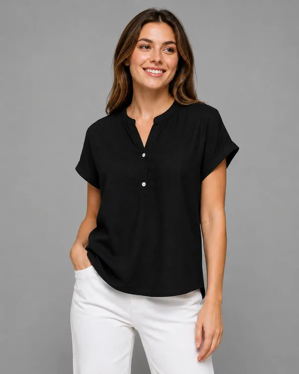 Women's_Black_Cotton_Notch_Neck_Short_Sleeve_Casual_Top_|_Relaxed_Fit_Pullover_Blouse