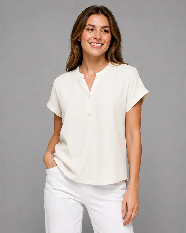 Women's_Off_white_Cotton_Notch_Neck_Short_Sleeve_Casual_Top_|_Relaxed_Fit_Pullover_Blouse