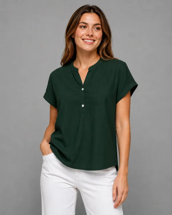 Women's_Dark_Green_Cotton_Notch_Neck_Short_Sleeve_Casual_Top_|_Relaxed_Fit_Pullover_Blouse