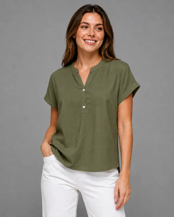 Women's_Olive_Green_Cotton_Notch_Neck_Short_Sleeve_Casual_Top_|_Relaxed_Fit_Pullover_Blouse