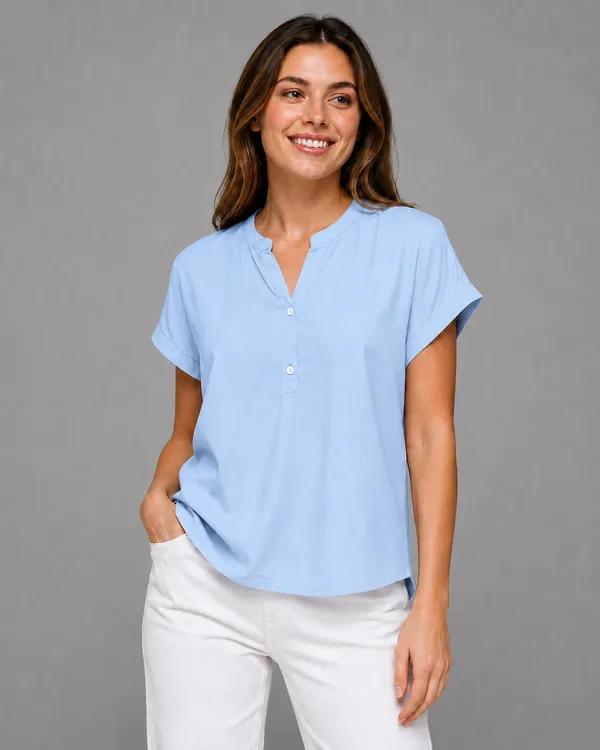 Women's_Sky_Blue_Cotton_Notch_Neck_Short_Sleeve_Casual_Top_|_Relaxed_Fit_Pullover_Blouse