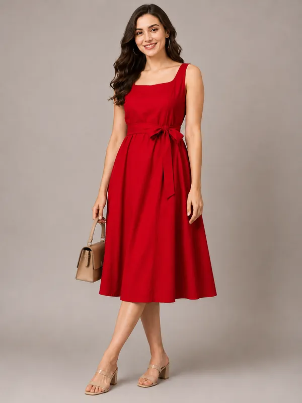 Women's_Vibrant_Red_Cotton_Sleeveless_Square_Neck_Belted_A-Line_Midi_Dress