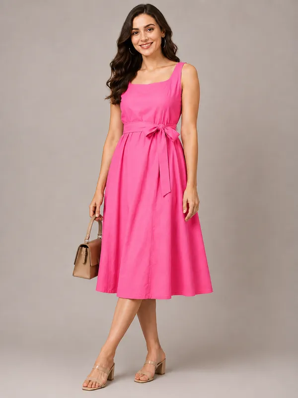 Women's_Vibrant_Pink_Cotton_Sleeveless_Square_Neck_Belted_A-Line_Midi_Dress