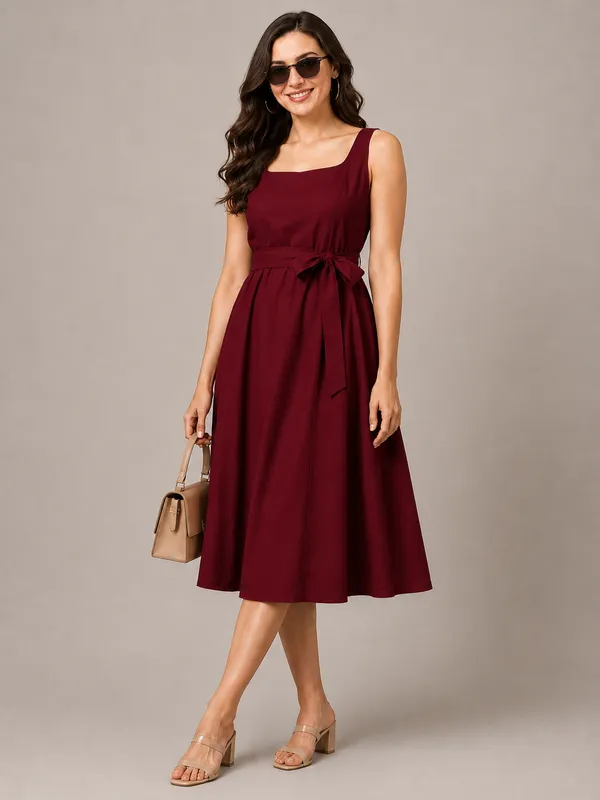 Women's_Vibrant_Maroon_Cotton_Sleeveless_Square_Neck_Belted_A-Line_Midi_Dress