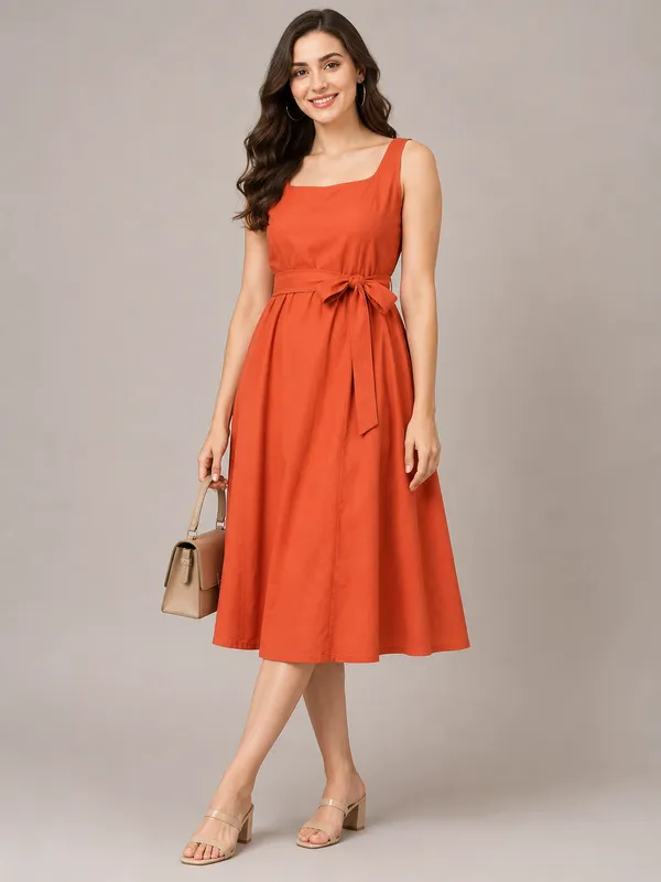 Women's_Vibrant_Rust_Orange_Cotton_Sleeveless_Square_Neck_Belted_A-Line_Midi_Dress