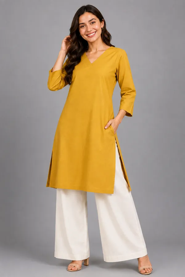 Women_Cotton_3/4th_Sleeve_Straight_Kurti_�_Casual_Everyday_Wear