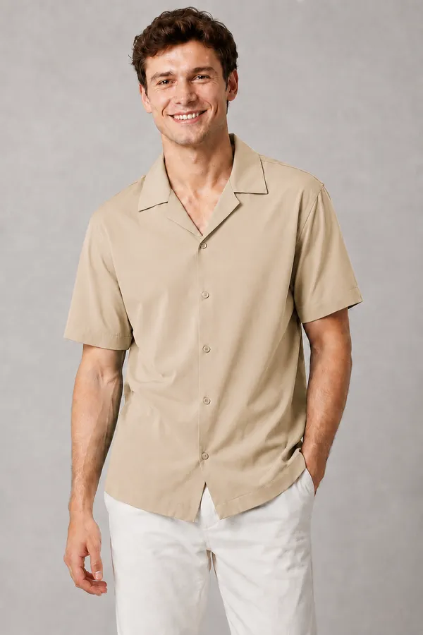 Men's_Sand_Beige_Cuban_Collar_Cotton_Flex_Shirt_�_The_Resort_Collection