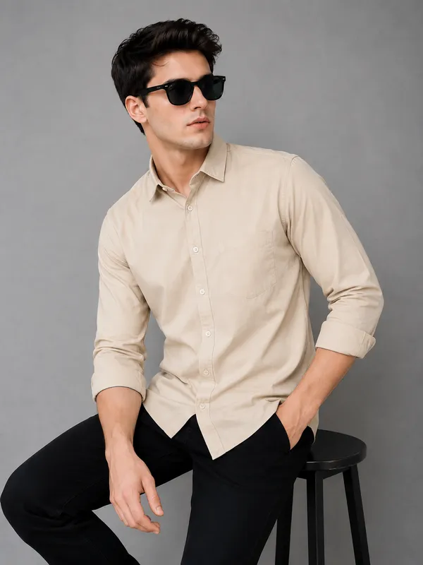 Men's_Premium_Sand_Beige_Solid_Cotton_Casual_Shirt