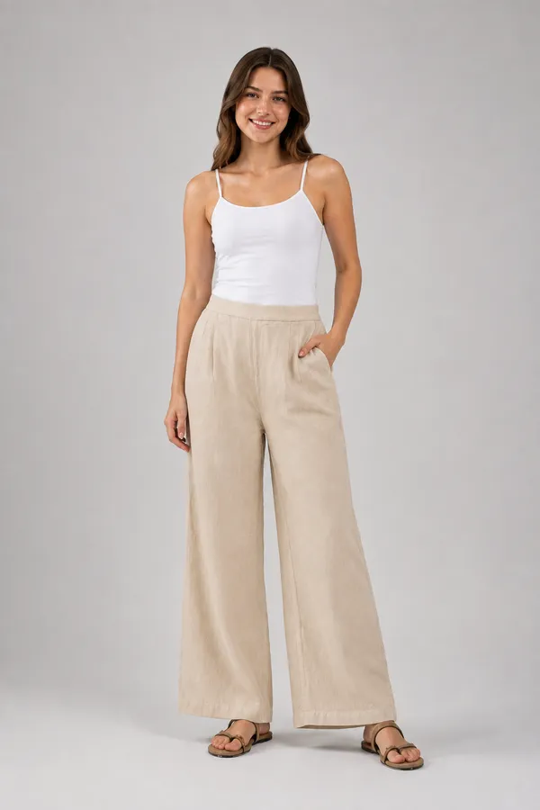 Women�s_Breathable_Beige_Color_Cotton_Wide_Leg_Pants_�_Relaxed_Fit_Lounge_&_Casual_Trousers