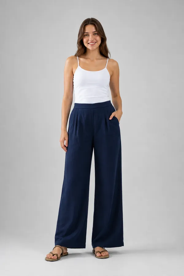Women�s_Breathable_Dark_Blue_Color_Cotton_Wide_Leg_Pants_�_Relaxed_Fit_Lounge_&_Casual_Trousers