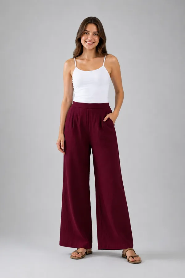 Women�s_Breathable_Maroon_Color_Cotton_Wide_Leg_Pants_�_Relaxed_Fit_Lounge_&_Casual_Trousers