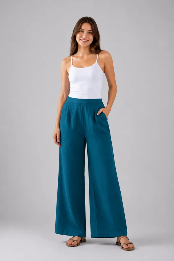 Women�s_Breathable_Teal_Blue_Color_Cotton_Wide_Leg_Pants_�_Relaxed_Fit_Lounge_&_Casual_Trousers