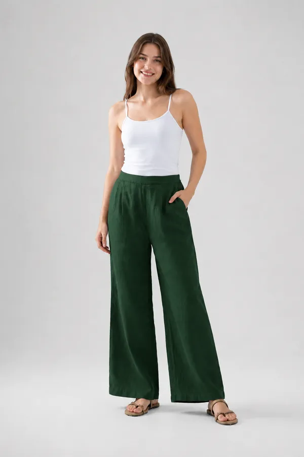 Women�s_Breathable_Dark_Green_Color_Cotton_Wide_Leg_Pants_�_Relaxed_Fit_Lounge_&_Casual_Trousers