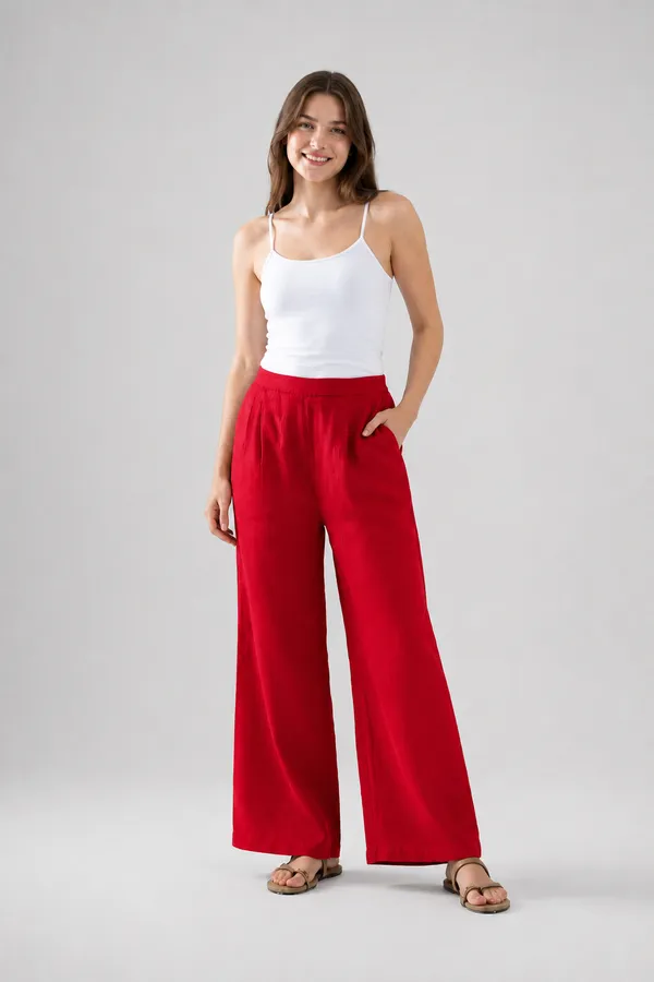 Women�s_Breathable_Red_Color_Cotton_Wide_Leg_Pants_�_Relaxed_Fit_Lounge_&_Casual_Trousers