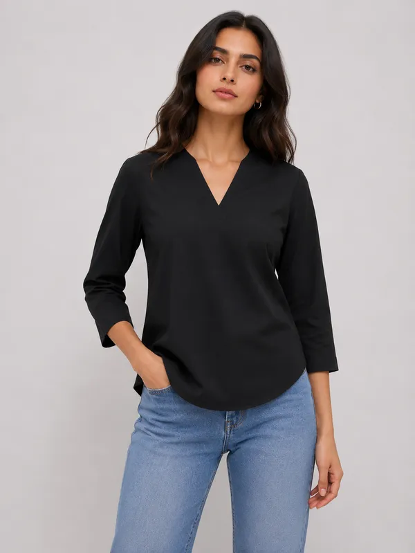 Black_Cotton_Relaxed_Fit_V-Neck_Top_For_Women