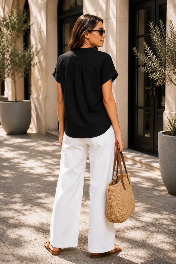 Women's_Black_Cotton_Notch_Neck_Short_Sleeve_Casual_Top_|_Relaxed_Fit_Pullover_Blouse