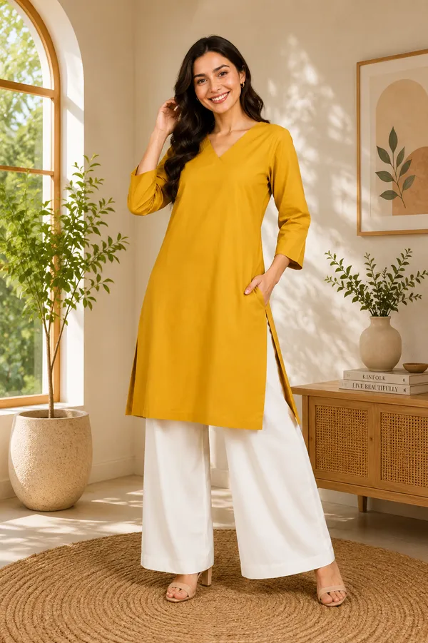 Women_Cotton_3/4th_Sleeve_Straight_Kurti_�_Casual_Everyday_Wear