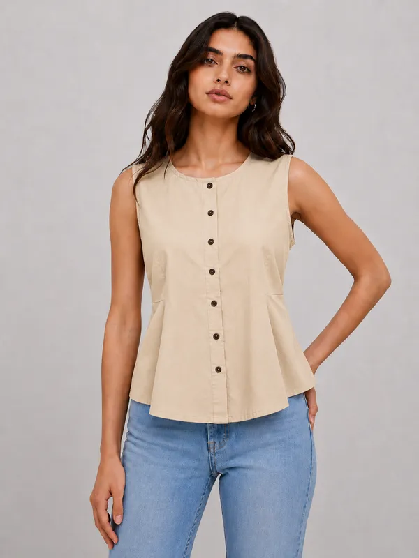 Women's_Beige_Sleeveless_Round_Neck_Button-Front_Peplum_Top