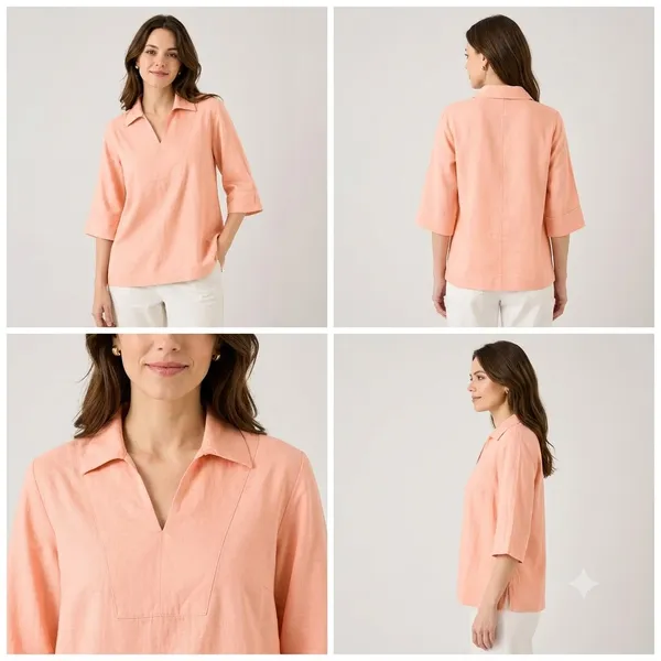 Women's_Solid_Peach_V-Neck_Shirt_Top_with_3/4_Folded_Sleeves_�_Smart_Casual_Wear