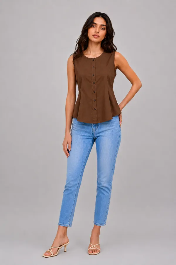 Women's_Brown_Sleeveless_Round_Neck_Button-Front_Peplum_Top