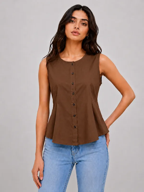 Women's_Brown_Sleeveless_Round_Neck_Button-Front_Peplum_Top
