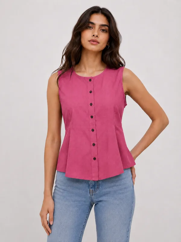 Women's_Dusty_Pink_Sleeveless_Round_Neck_Button-Front_Peplum_Top
