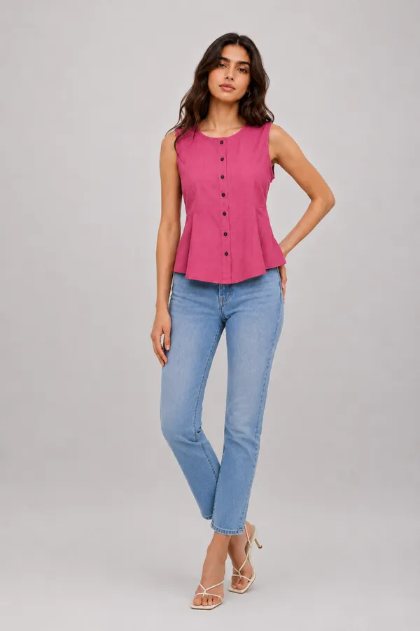 Women's_Dusty_Pink_Sleeveless_Round_Neck_Button-Front_Peplum_Top