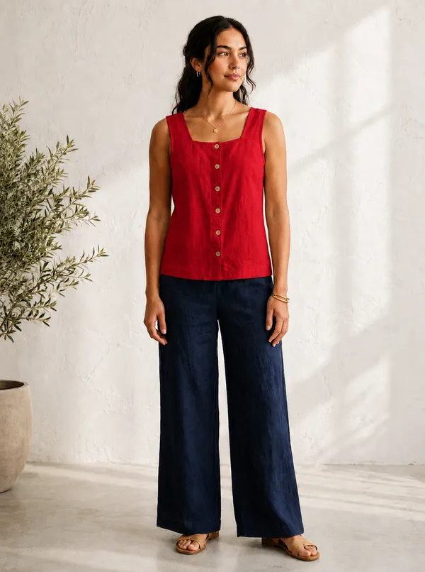 Red_Cotton_Relaxed_Fit_Sleeveless_Button_Front_Top_For_Women