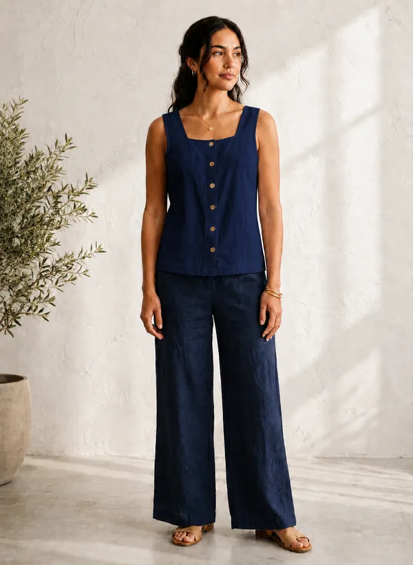 Navy_Cotton_Sleeveless_Top_And_Wide_Leg_Pants_Set_For_Women