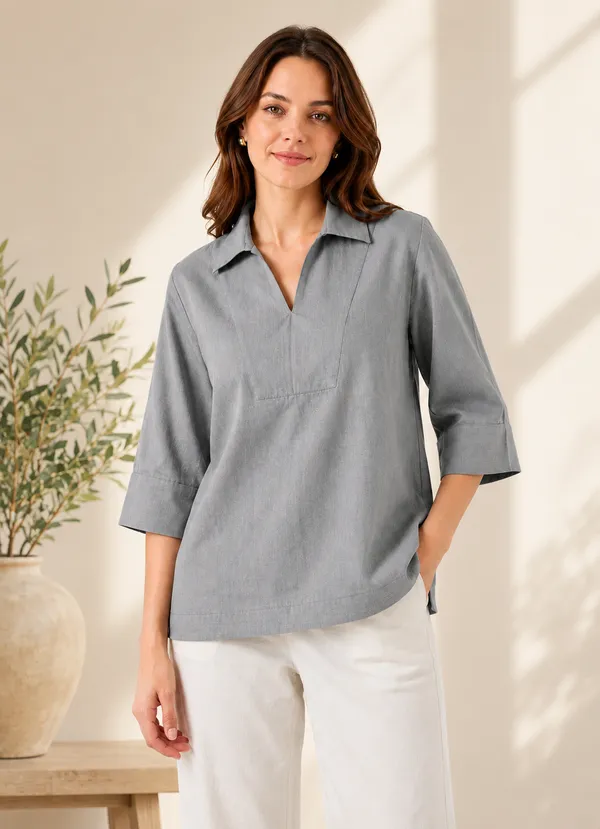 Women's_Solid_Grey_V-Neck_Shirt_Top_with_3/4_Folded_Sleeves_�_Smart_Casual_Wear
