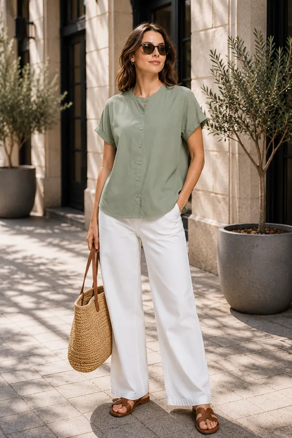 Women's_Sage_Green_Cotton_Short_Sleeve_Shirt_�_Relaxed_Fit_Mandarin_Collar_Top