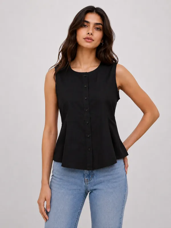 Women's_Black_Sleeveless_Round_Neck_Button-Front_Peplum_Top