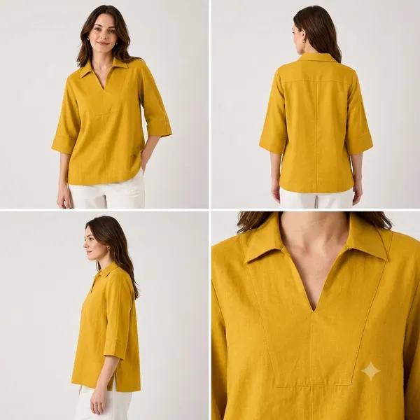 Women's_Solid_Mustard_Yellow_V-Neck_Shirt_Top_with_3/4_Folded_Sleeves_�_Smart_Casual_Wear