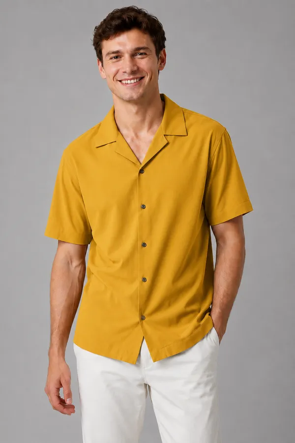 Men's_Mustard_Yellow_Cuban_Collar_Cotton_Flex_Shirt_�_The_Resort_Collection
