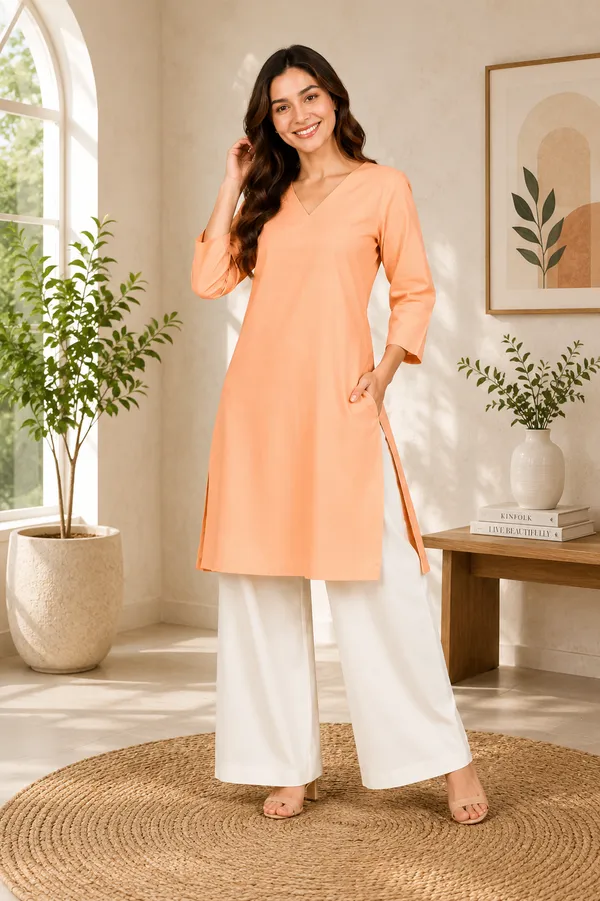 Women_Cotton_3/4th_Sleeve_Straight_Kurti_�_Casual_Everyday_Wear