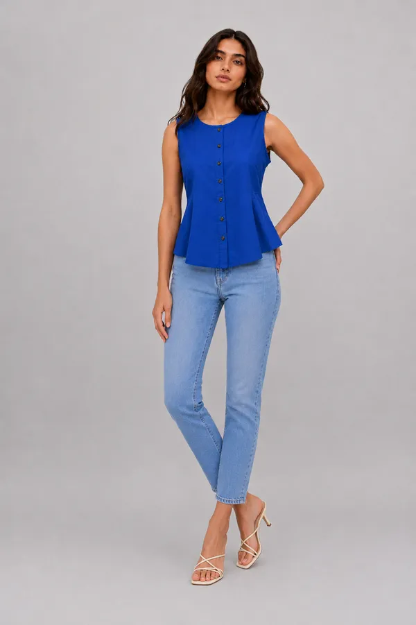 Women's_Blue_Sleeveless_Round_Neck_Button-Front_Peplum_Top