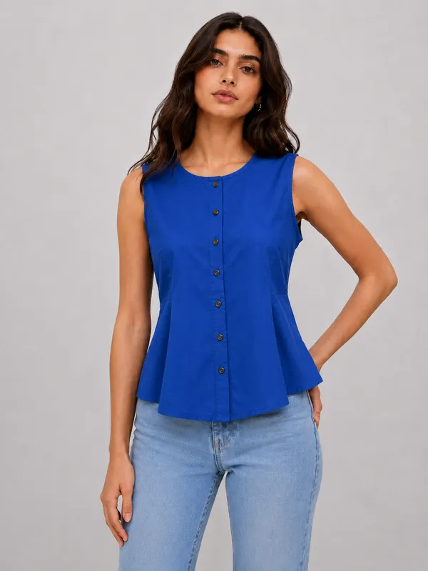 Women's_Blue_Sleeveless_Round_Neck_Button-Front_Peplum_Top