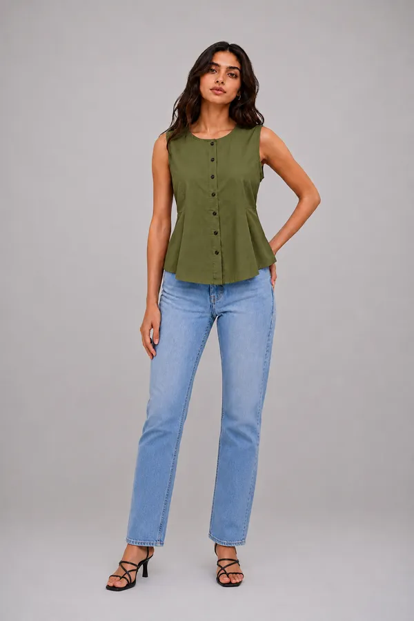 Elevate_your_everyday_wardrobe_with_this_chic_and_effortless_Olive_Green_Sleeveless_Peplum_Top._Designed_with_a_minimalist_aesthetic,_it_features_a_structured_fitted_bodice_that_flares_subtly_into_a_peplum_hem,_offering_a_flattering_silhouette_for_any_occasion.