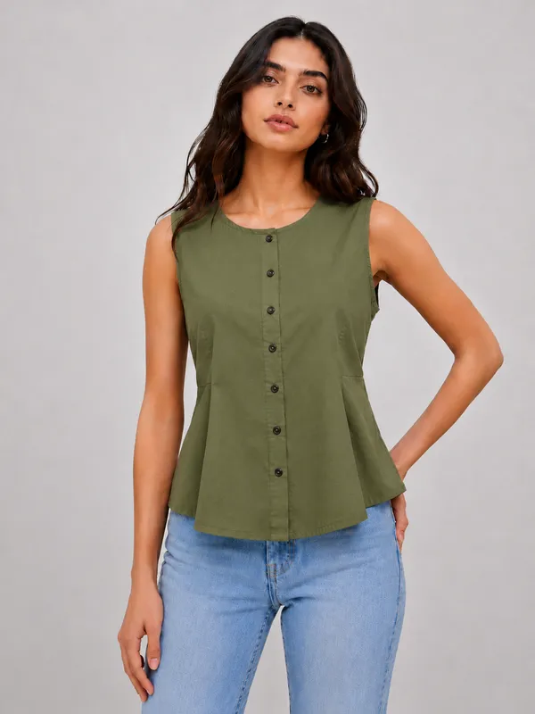 Elevate_your_everyday_wardrobe_with_this_chic_and_effortless_Olive_Green_Sleeveless_Peplum_Top._Designed_with_a_minimalist_aesthetic,_it_features_a_structured_fitted_bodice_that_flares_subtly_into_a_peplum_hem,_offering_a_flattering_silhouette_for_any_occasion.