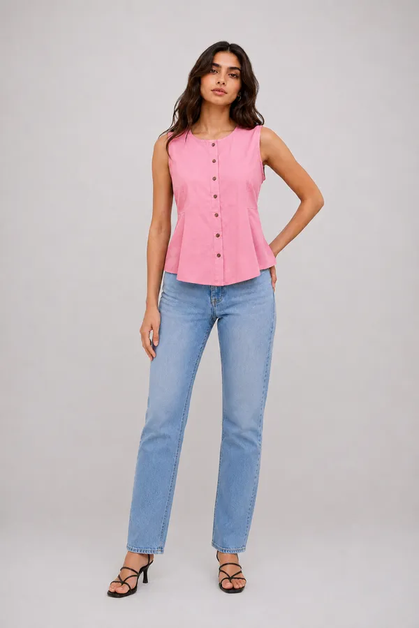 Women's_Pink_Sleeveless_Round_Neck_Button-Front_Peplum_Top