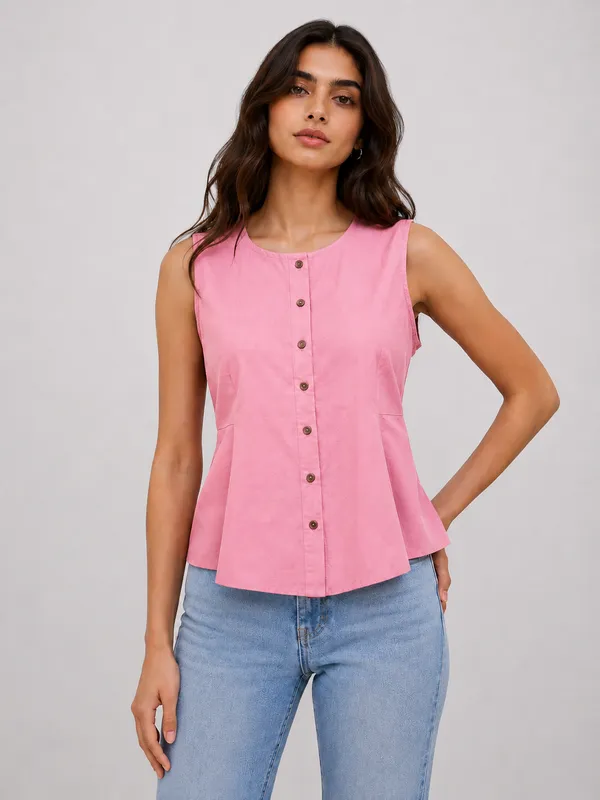 Women's_Pink_Sleeveless_Round_Neck_Button-Front_Peplum_Top