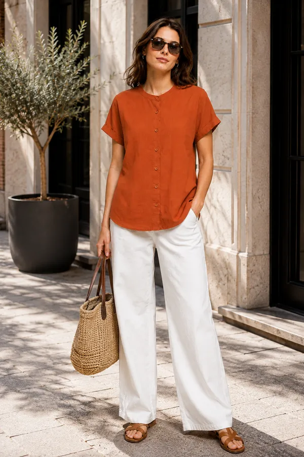 Women's_Rust_Orange_Cotton_Short_Sleeve_Shirt_�_Relaxed_Fit_Mandarin_Collar_Top