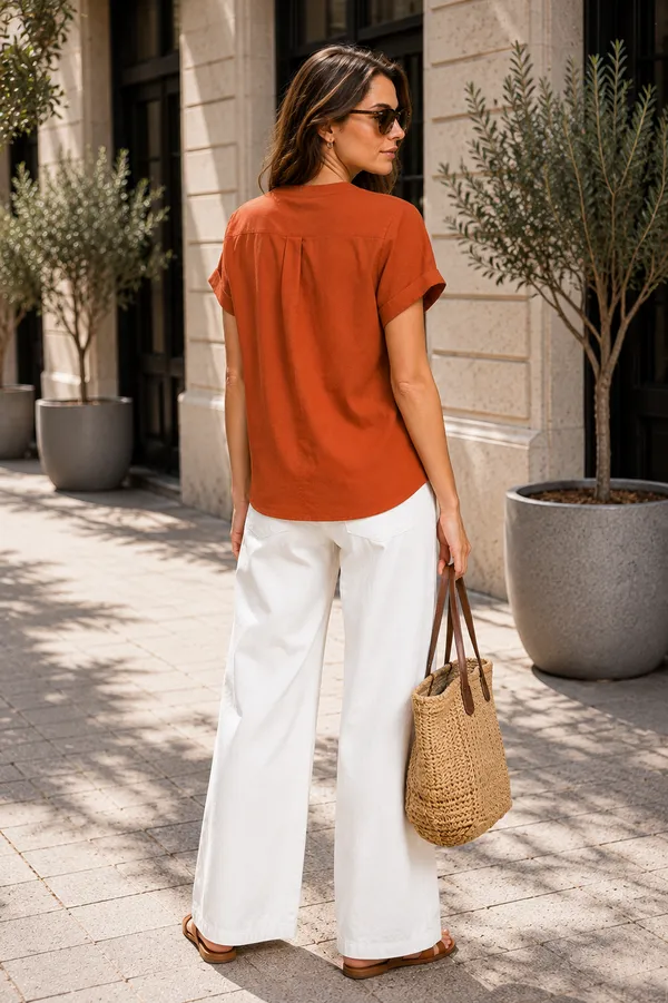 Women's_Rust_Orange_Cotton_Short_Sleeve_Shirt_�_Relaxed_Fit_Mandarin_Collar_Top