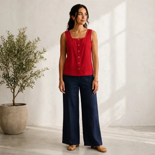 Red_Cotton_Relaxed_Fit_Sleeveless_Button_Front_Top_For_Women