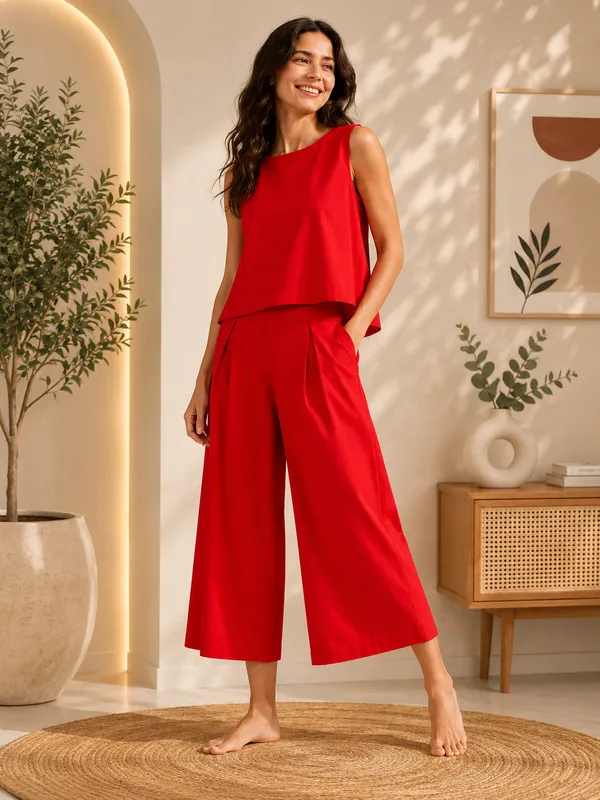 Women_Minimalist_Red_Cotton-Look_Sleeveless_Top_&_Wide-Leg_Trouser_Co-ord_Set