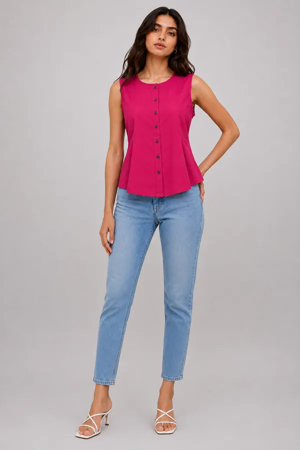 Women's_Pink_Sleeveless_Round_Neck_Button-Front_Peplum_Top