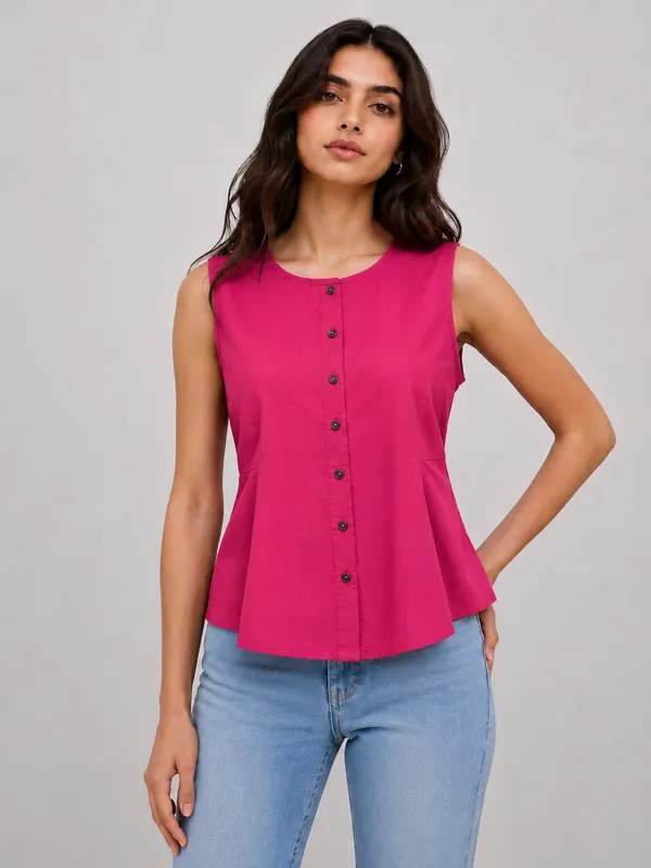 Women's_Pink_Sleeveless_Round_Neck_Button-Front_Peplum_Top