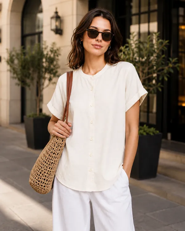 Women's_Off_whi_Cotton_Short_Sleeve_Shirt_�_Relaxed_Fit_Mandarin_Collar_Top
